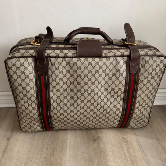 Vintage 1970 Gucci GG Supreme Suitcase Web Stripe Monogram Canvas Gold Closure - Picture 5 of 15